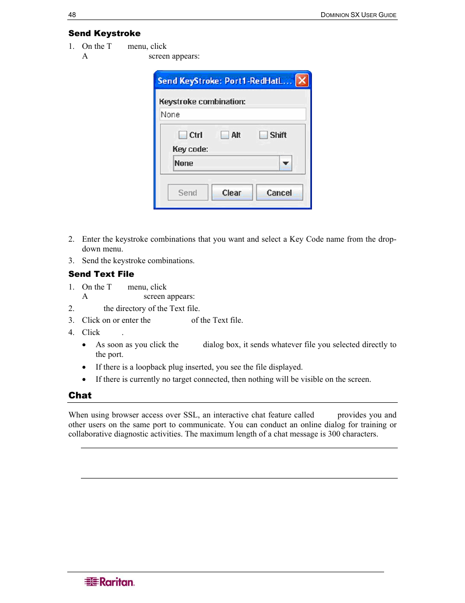 Send keystroke, Send text file, Chat | Figure 41 send keystroke | Raritan Computer DOMINION DSX-0N-E User Manual | Page 66 / 233