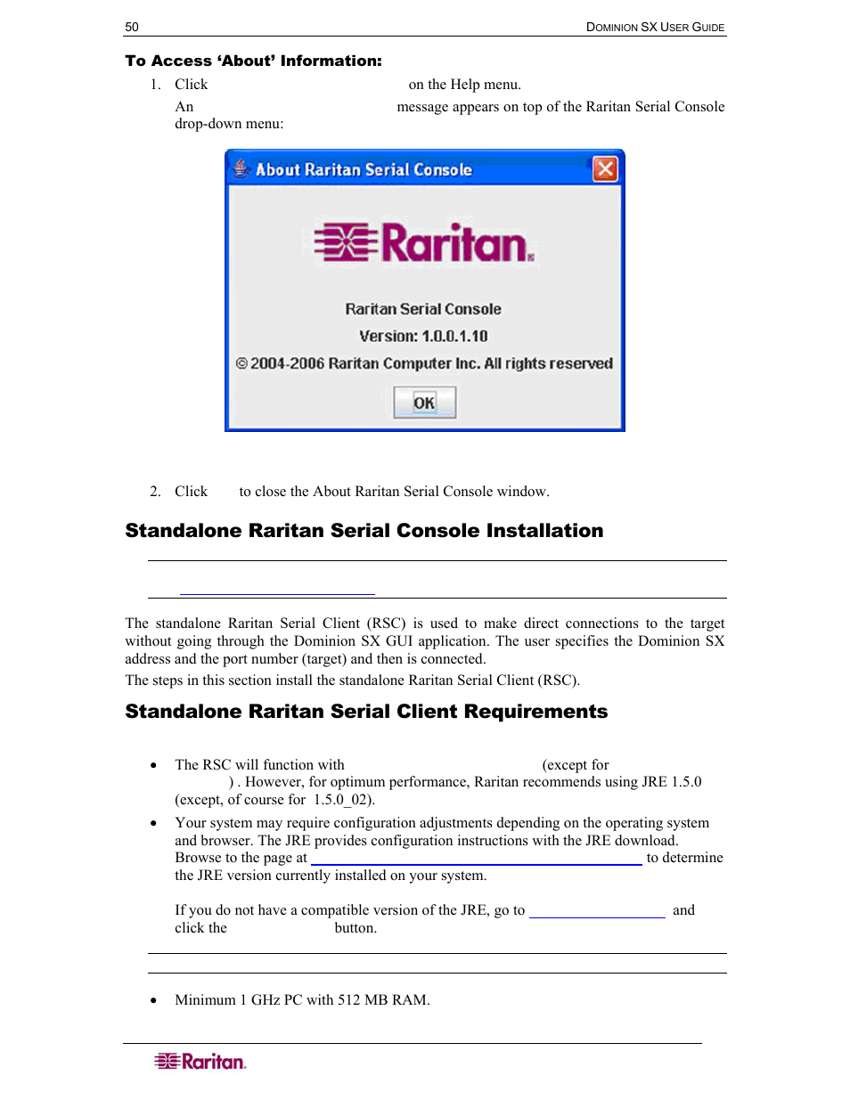 To access ‘about’ information, Standalone raritan serial console installation, Standalone raritan serial client requirements | Raritan Computer DOMINION DSX-0N-E User Manual | Page 68 / 233