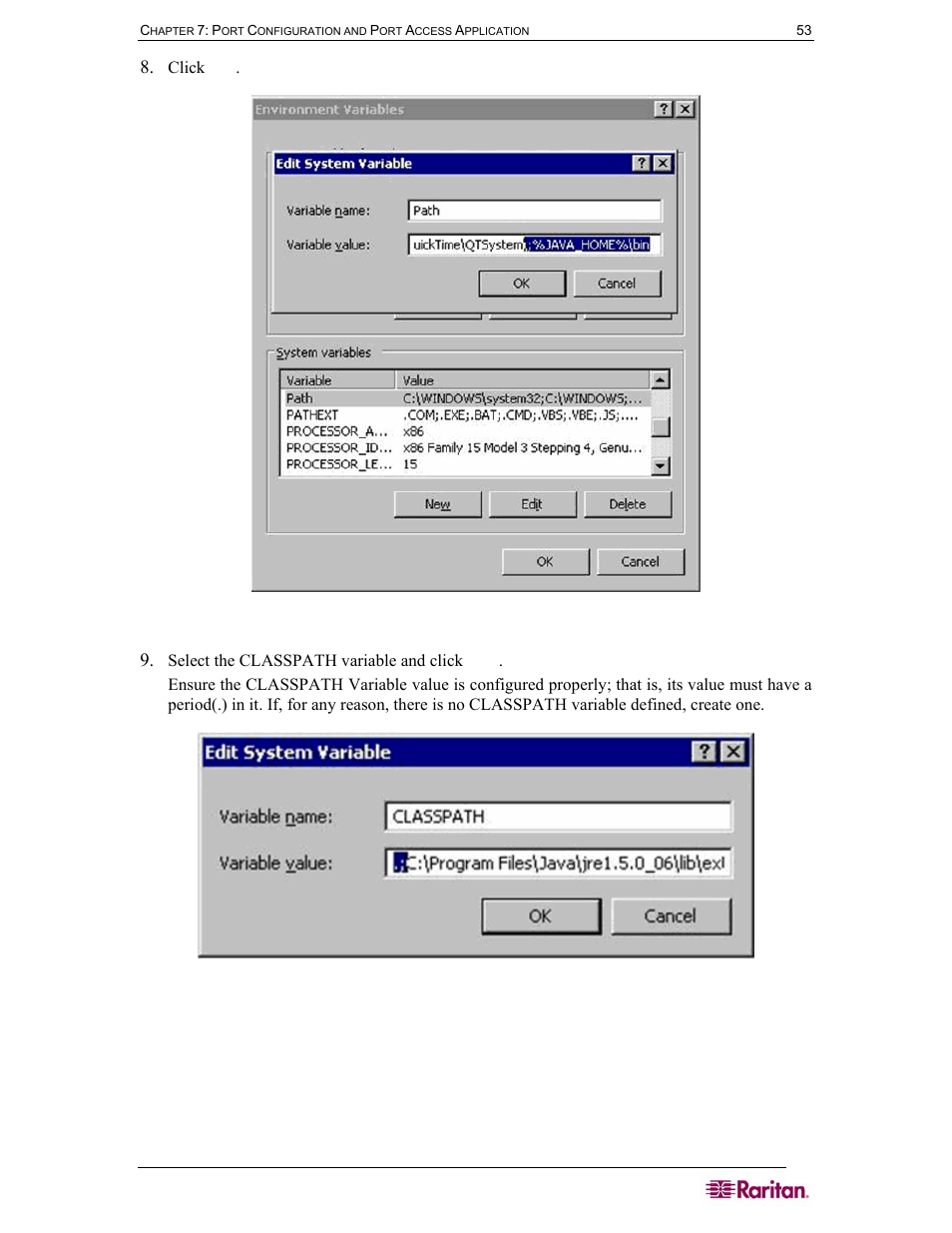 Figure 46 windows os: edit system variable, Figure 47 windows os: classpath variable | Raritan Computer DOMINION DSX-0N-E User Manual | Page 71 / 233