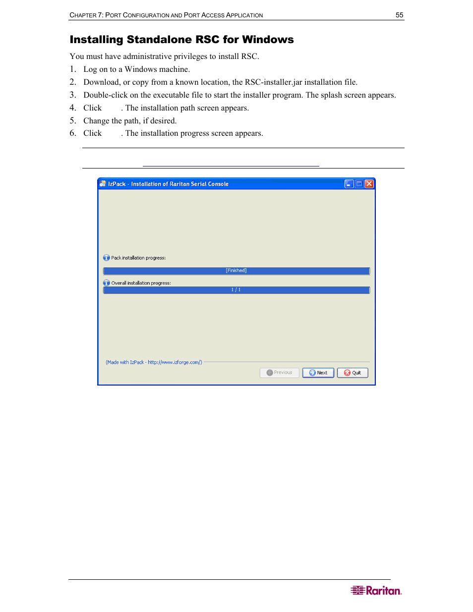 Installing standalone rsc for windows, Figure 49 rsc windows install progress screen | Raritan Computer DOMINION DSX-0N-E User Manual | Page 73 / 233