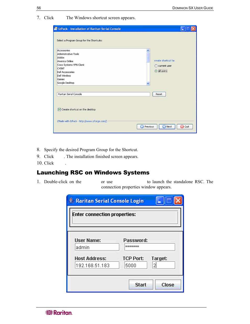 Launching rsc on windows systems, Figure 50 rsc windows shortcut screen, Figure 51 standalone rsc login screen | Raritan Computer DOMINION DSX-0N-E User Manual | Page 74 / 233