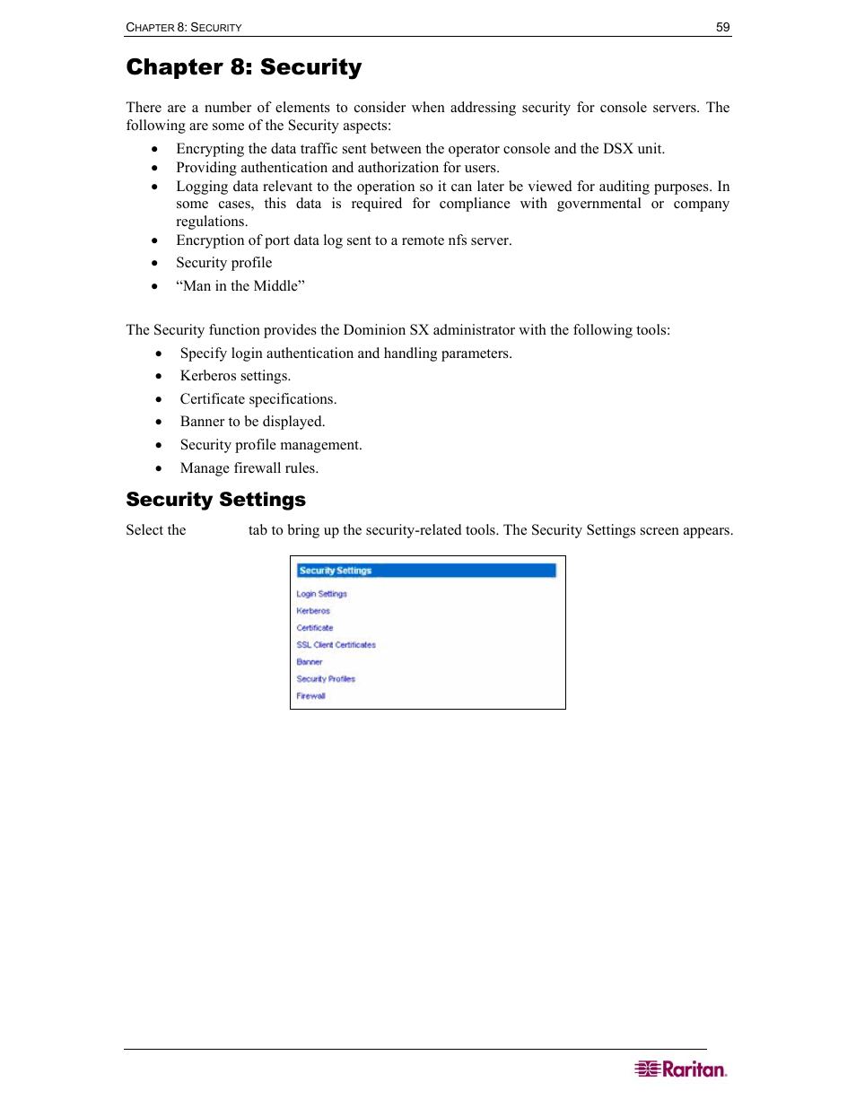 Chapter 8: security, Security settings, Figure 53 security settings screen | Raritan Computer DOMINION DSX-0N-E User Manual | Page 77 / 233