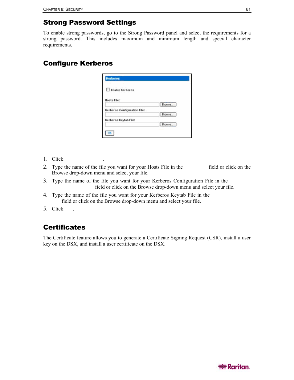 Strong password settings, Configure kerberos, Certificates | Figure 55 kerberos settings | Raritan Computer DOMINION DSX-0N-E User Manual | Page 79 / 233