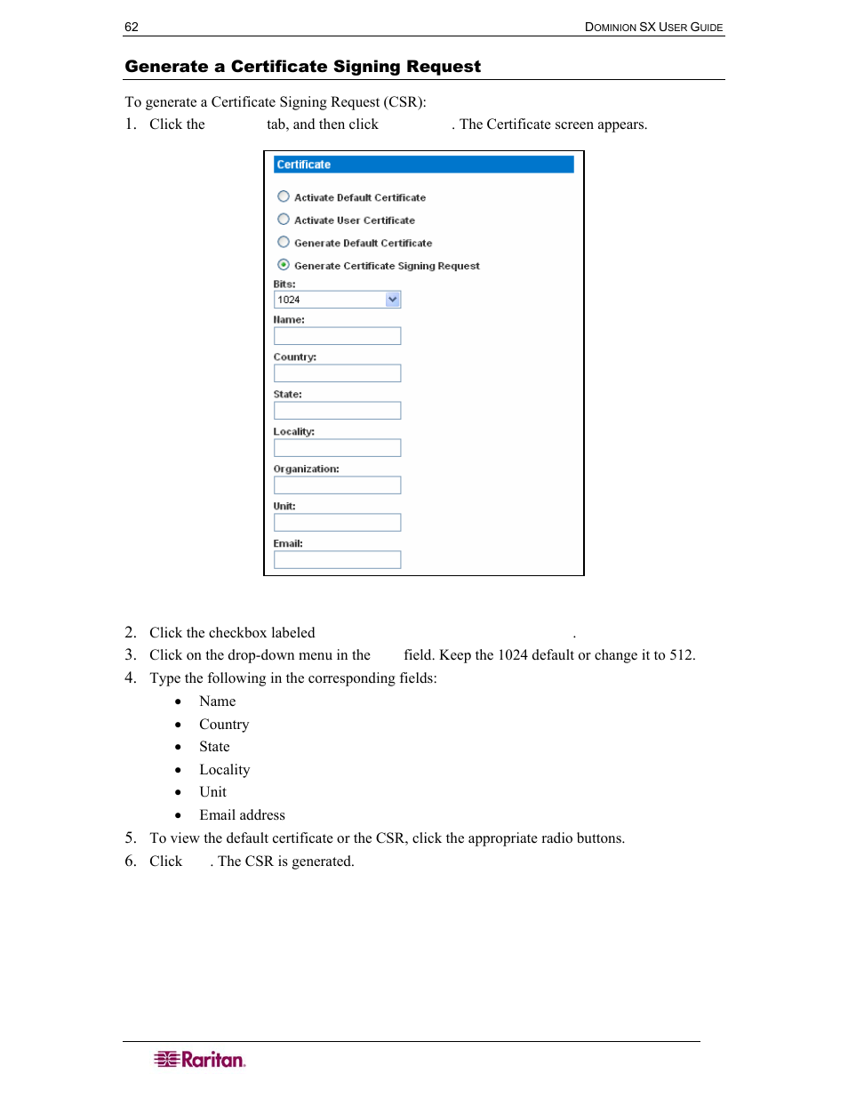 Generate a certificate signing request, Figure 56 certificate signing request | Raritan Computer DOMINION DSX-0N-E User Manual | Page 80 / 233