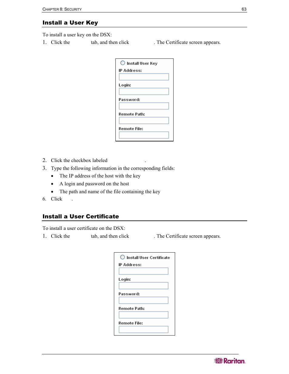 Install a user key, Install a user certificate, Figure 57 install user key | Figure 58 install user certificate | Raritan Computer DOMINION DSX-0N-E User Manual | Page 81 / 233