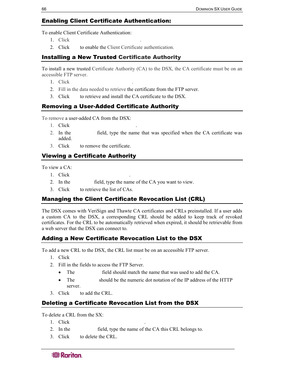 Enabling client certificate authentication, Installing a new trusted certificate authority, Removing a user-added certificate authority | Viewing a certificate authority | Raritan Computer DOMINION DSX-0N-E User Manual | Page 84 / 233