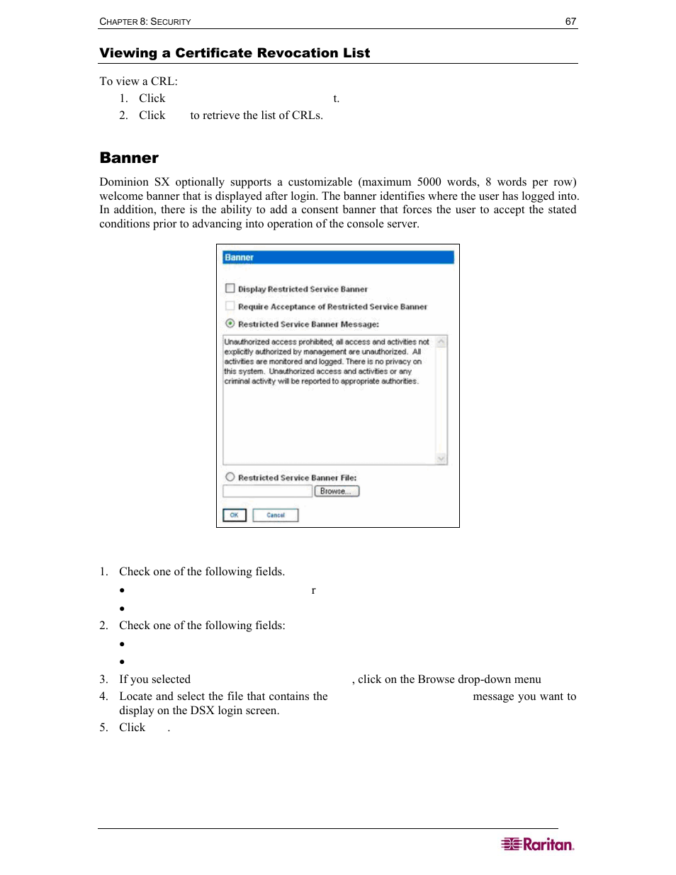 Viewing a certificate revocation list, Banner, Figure 60 banner screen | Raritan Computer DOMINION DSX-0N-E User Manual | Page 85 / 233