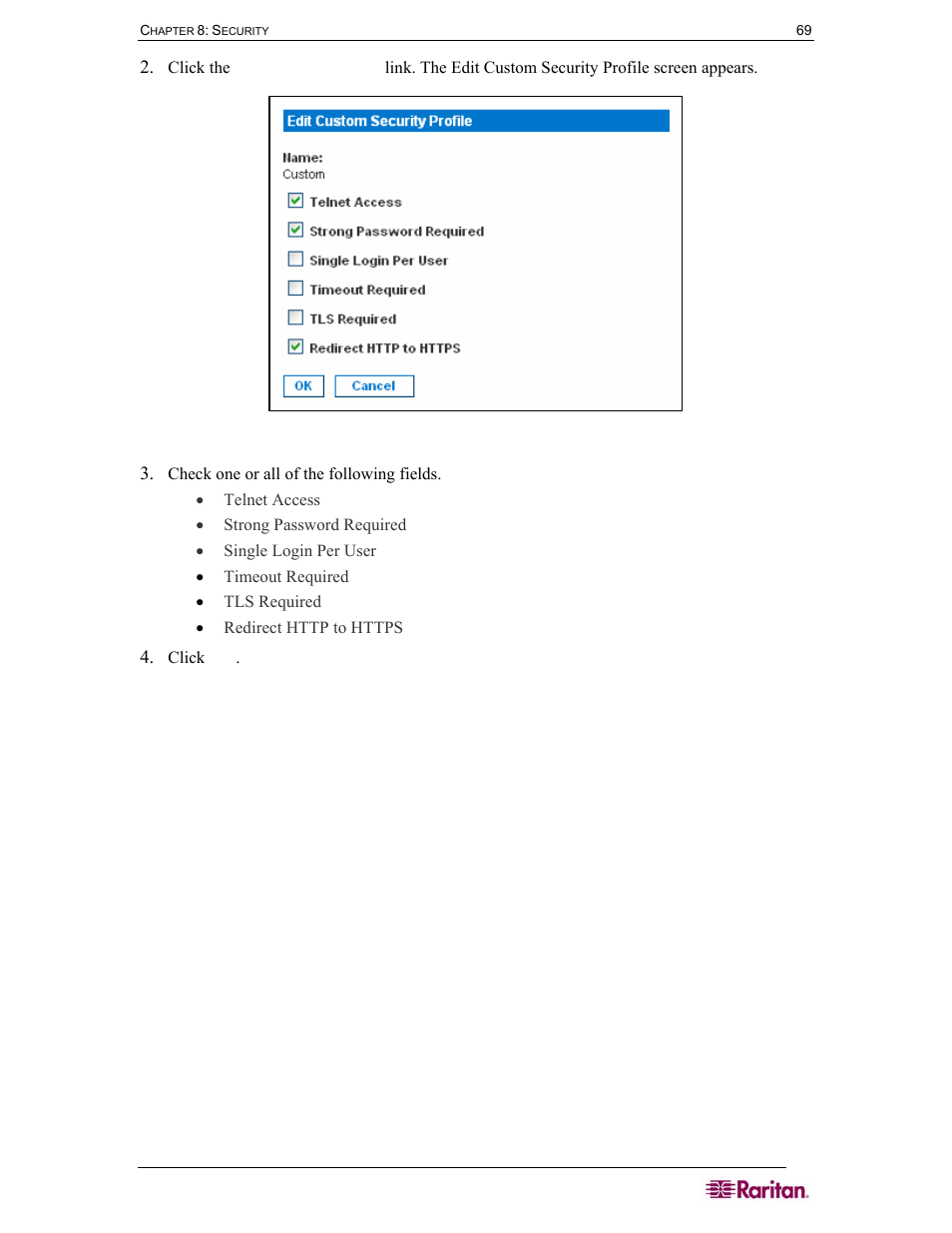 Figure 62 edit custom security profile screen | Raritan Computer DOMINION DSX-0N-E User Manual | Page 87 / 233