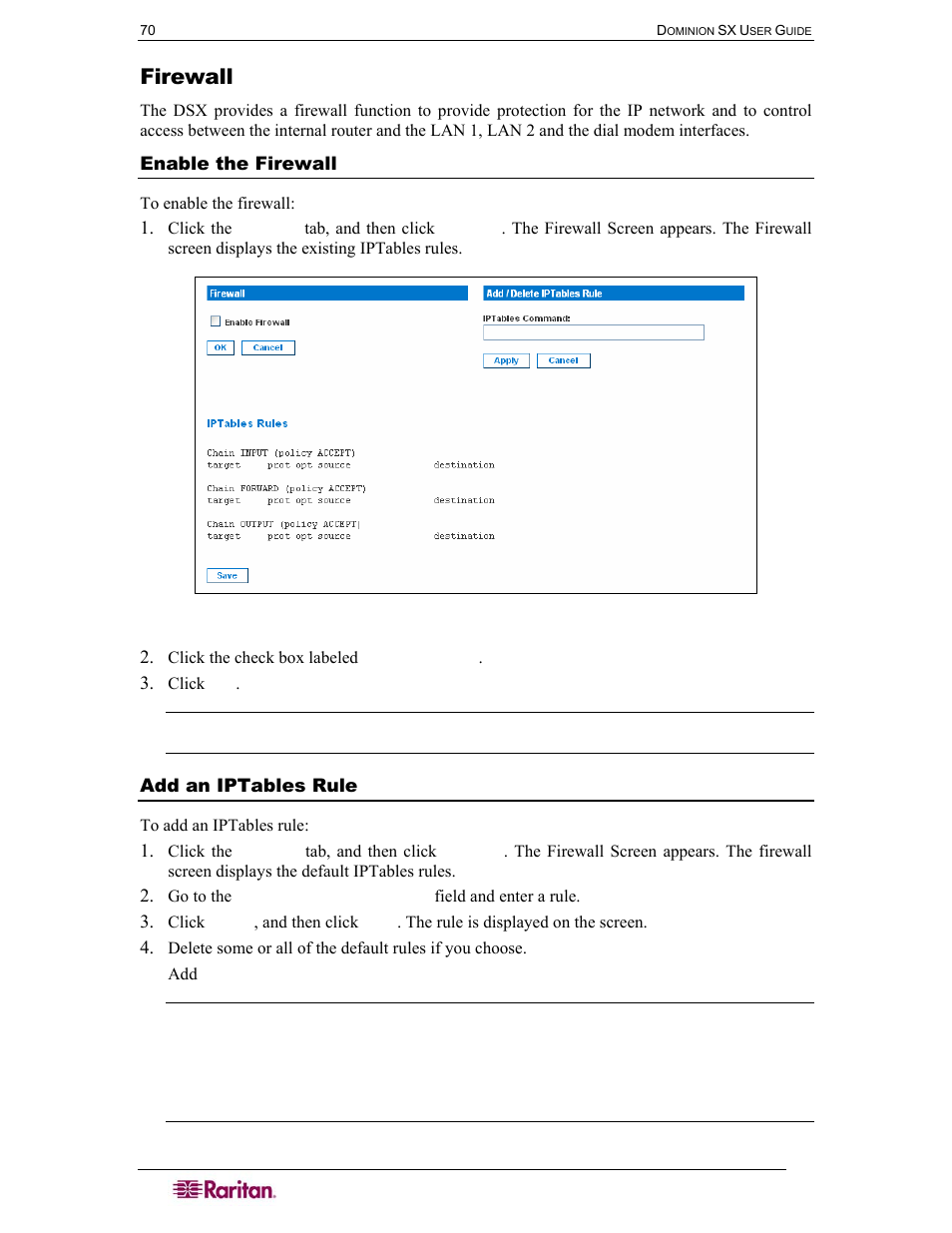 Firewall, Enable the firewall, Add an iptables rule | Figure 63 firewall screen | Raritan Computer DOMINION DSX-0N-E User Manual | Page 88 / 233