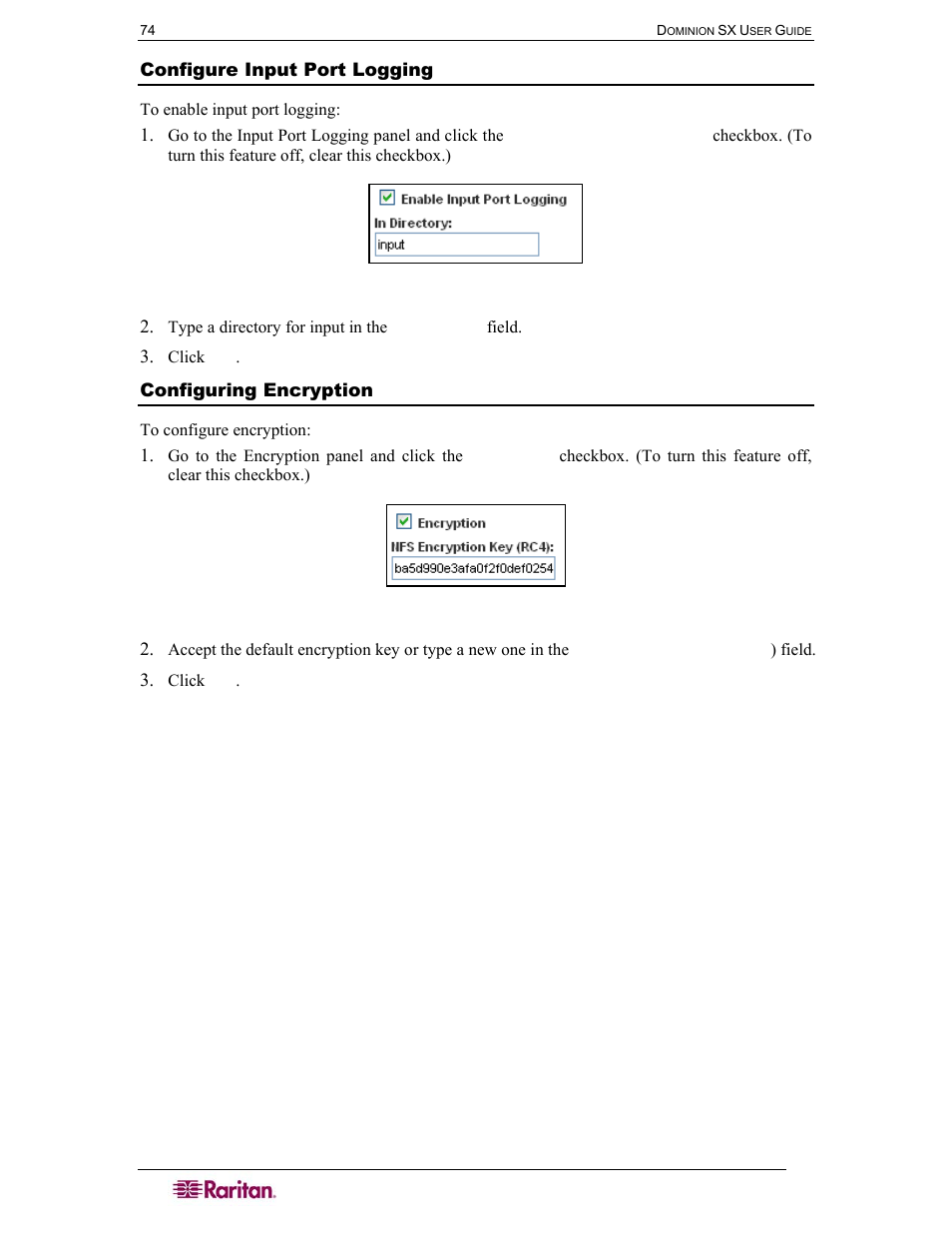 Configure input port logging, Configuring encryption, Figure 68 input port logging panel | Figure 69 encryption panel | Raritan Computer DOMINION DSX-0N-E User Manual | Page 92 / 233