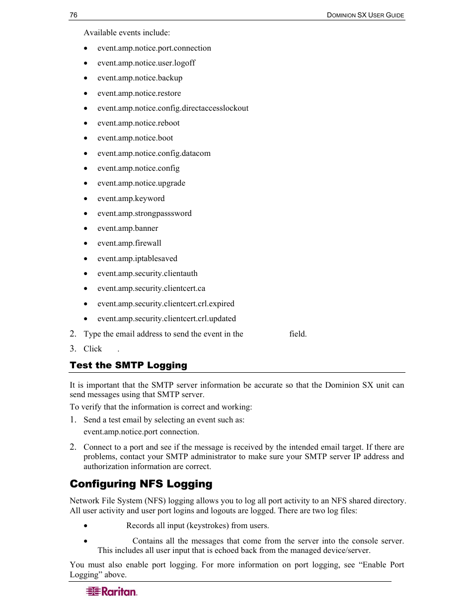 Test the smtp logging, Configuring nfs logging | Raritan Computer DOMINION DSX-0N-E User Manual | Page 94 / 233