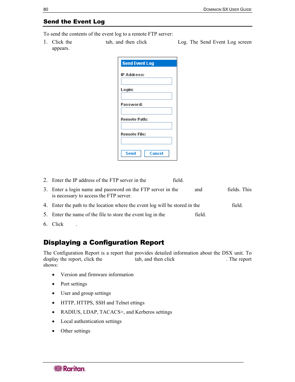 Send the event log, Displaying a configuration report, Figure 76 send event log screen | Raritan Computer DOMINION DSX-0N-E User Manual | Page 98 / 233