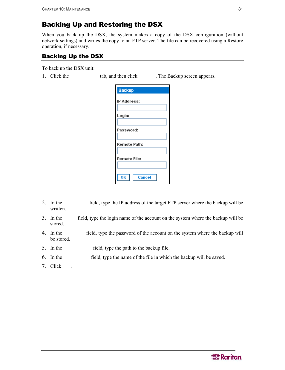 Backing up and restoring the dsx, Backing up the dsx, Figure 77 backup screen | Raritan Computer DOMINION DSX-0N-E User Manual | Page 99 / 233