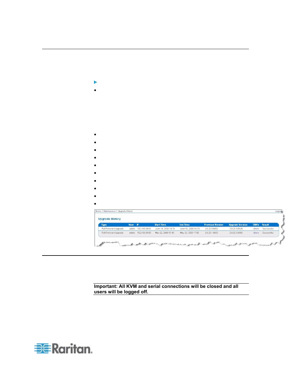 Upgrade history, Rebooting | Raritan Computer DKX2-V2.3.5-0N-E User Manual | Page 230 / 351