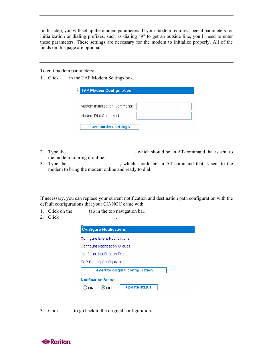 Edit modem parameters, Revert to original configuration, Figure 112 editing modem parameters | Figure 113 editing modem parameters | Raritan Computer COMMANDCENTER NOC User Manual | Page 100 / 156