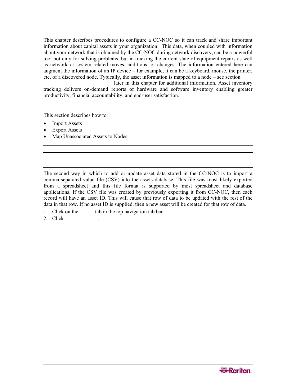Chapter 7: managing assets, Manage assets, Import assets | Raritan Computer COMMANDCENTER NOC User Manual | Page 101 / 156