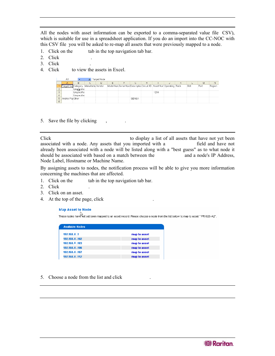 Export assets, Map unassociated assets to nodes, Figure 115 exporting assets | Figure 116 mapping unassociated assets to nodes | Raritan Computer COMMANDCENTER NOC User Manual | Page 103 / 156