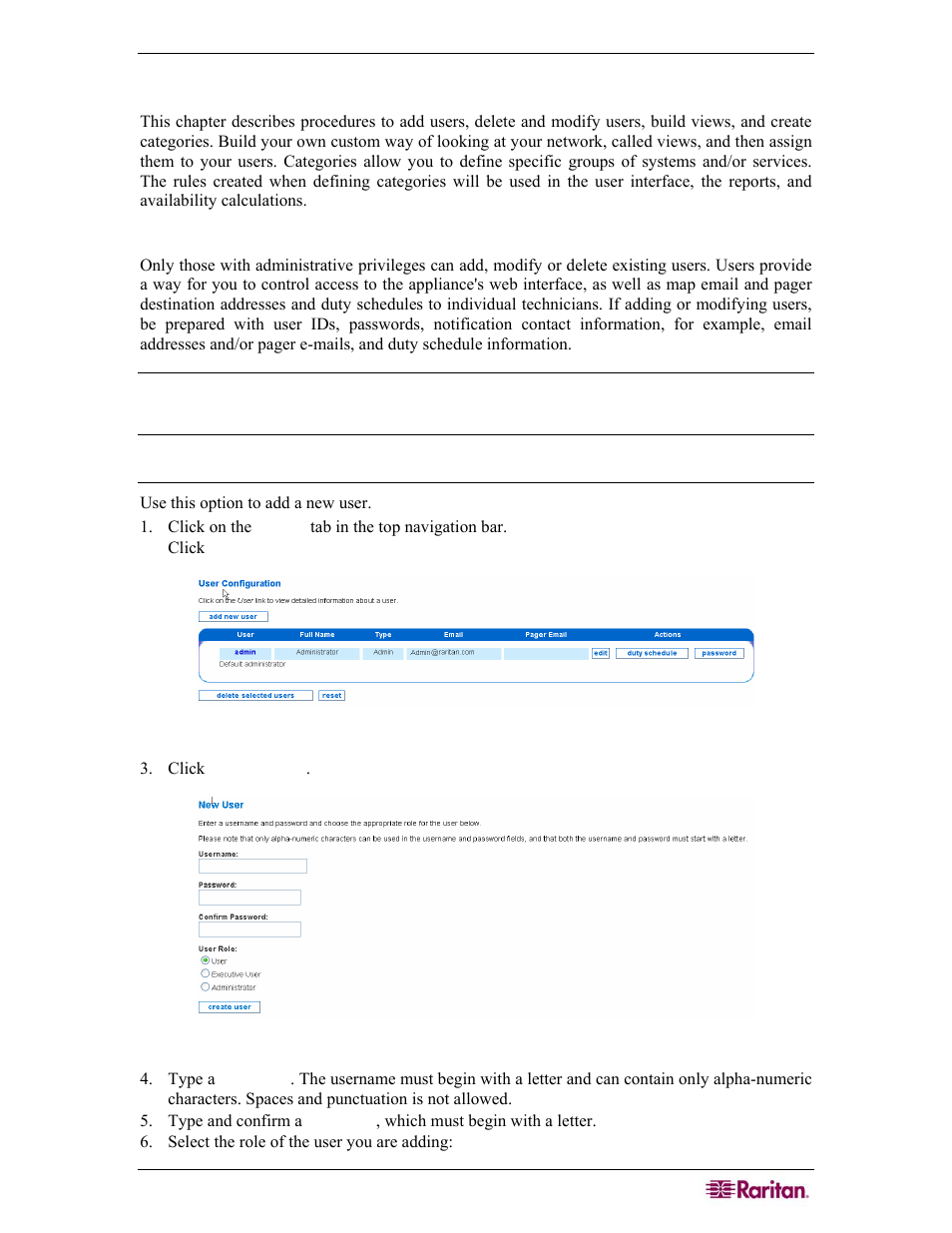 Chapter 8: creating users, categories, views, Create, modify, delete users, Add a new user | Figure 118 managing users, Figure 119 adding a new user | Raritan Computer COMMANDCENTER NOC User Manual | Page 105 / 156