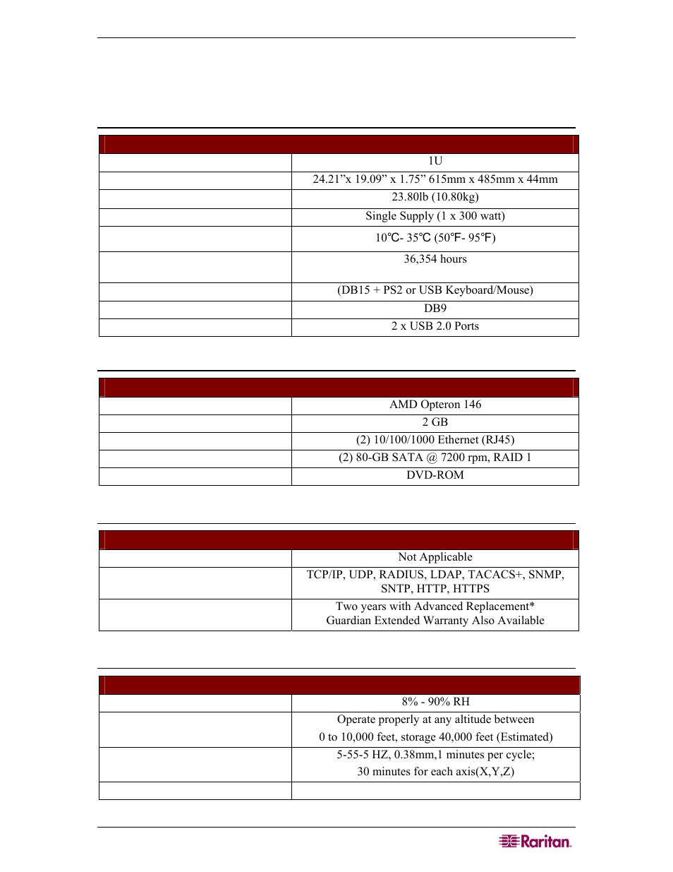 Appendix a: specifications, V1 platform, General specifications | Hardware specifications, Remote connection, Environmental requirements | Raritan Computer COMMANDCENTER NOC User Manual | Page 115 / 156