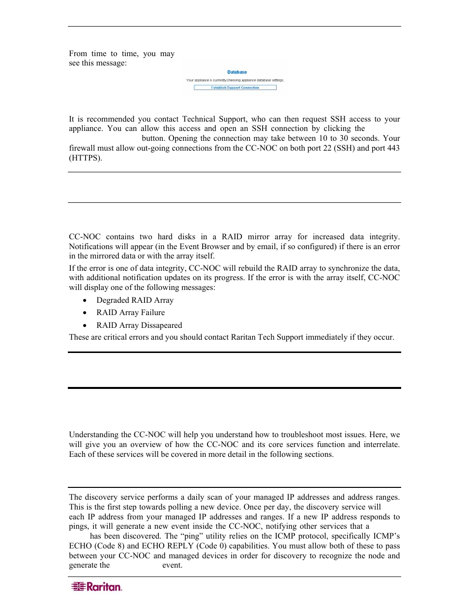 Checking appliance database settings, Raid array failure, The cc-noc services | Discovery | Raritan Computer COMMANDCENTER NOC User Manual | Page 118 / 156