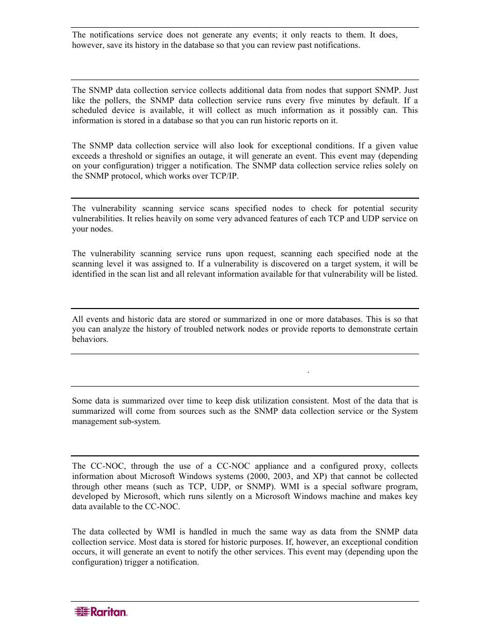 Snmp data collection, Vulnerability scanning, Events, historic data, and graphs | Windows management | Raritan Computer COMMANDCENTER NOC User Manual | Page 120 / 156