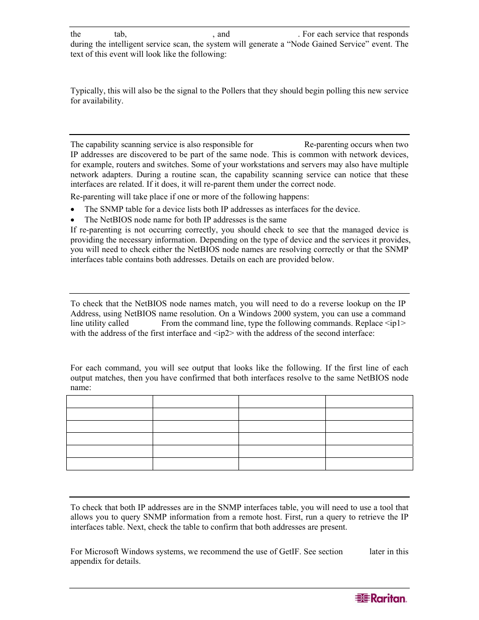 Re-parenting, Do the netbios node names match, Are both ip addresses in the snmp interfaces table | Raritan Computer COMMANDCENTER NOC User Manual | Page 123 / 156