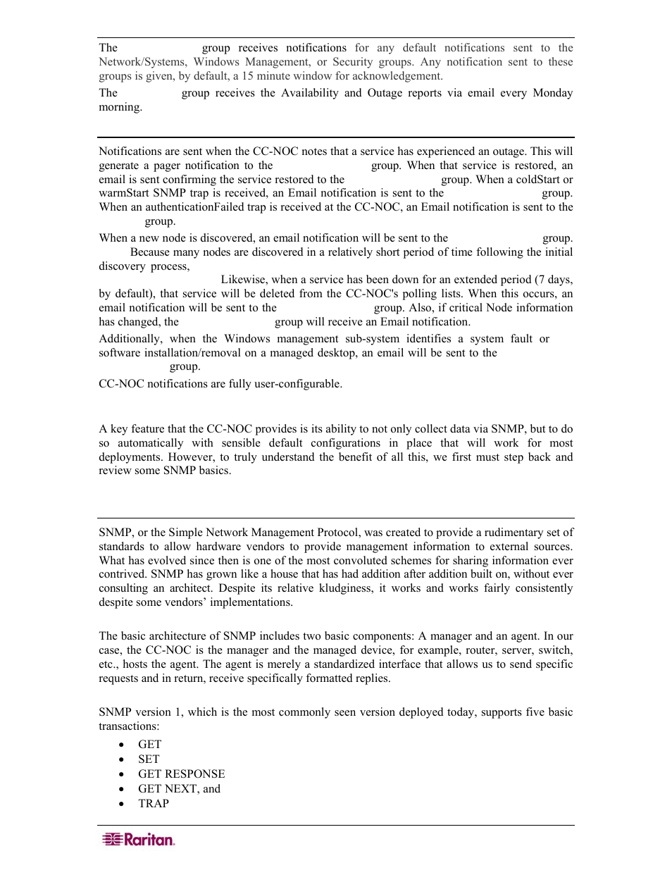 What conditions cause a notification to be sent, Snmp data collection, Snmp – what it is and what it does | Raritan Computer COMMANDCENTER NOC User Manual | Page 126 / 156