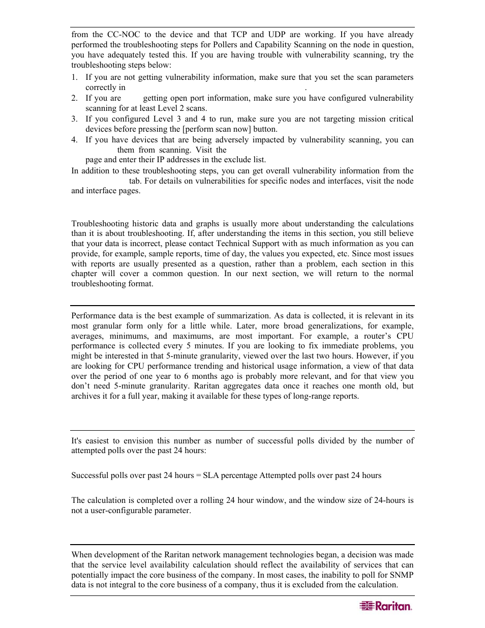 Historic data and graphs, How is performance data summarized, How are service level availabilities calculated | Raritan Computer COMMANDCENTER NOC User Manual | Page 129 / 156