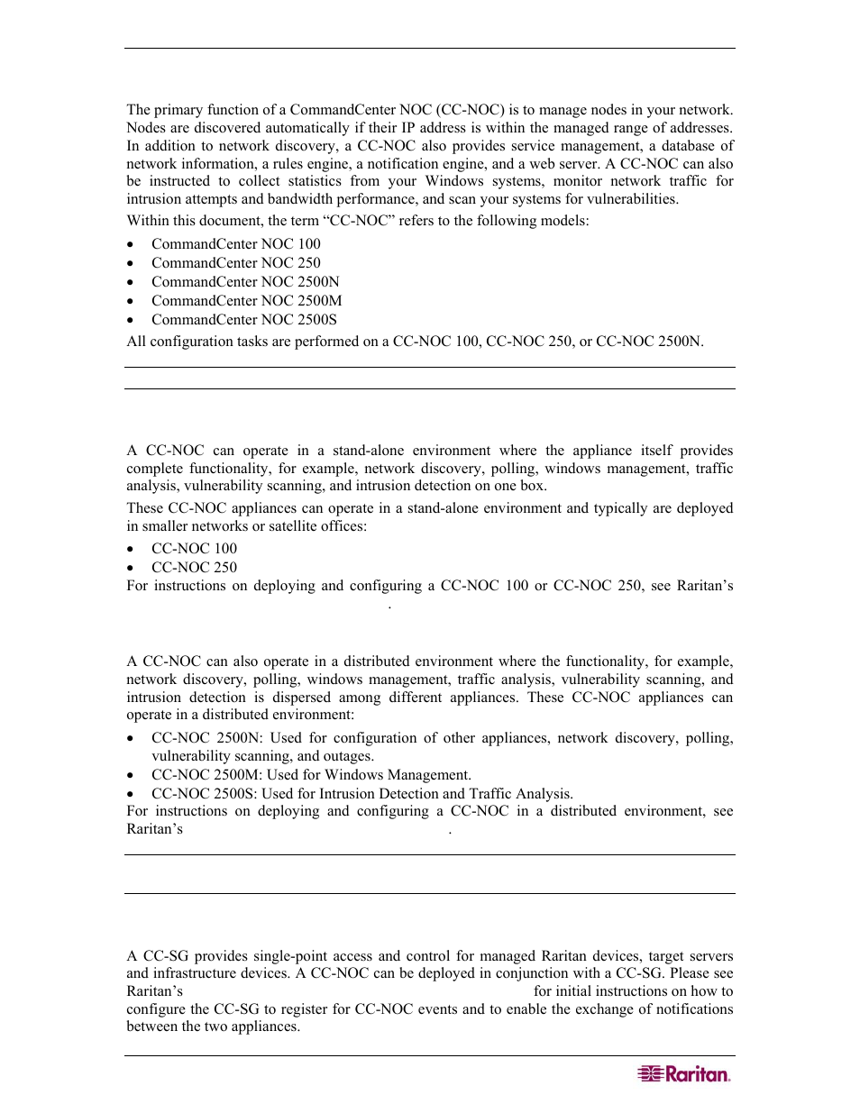 Chapter 1: introduction, Stand-alone appliances, Distributed 2500 series appliances | Commandcenter secure gateway (cc-sg) | Raritan Computer COMMANDCENTER NOC User Manual | Page 13 / 156