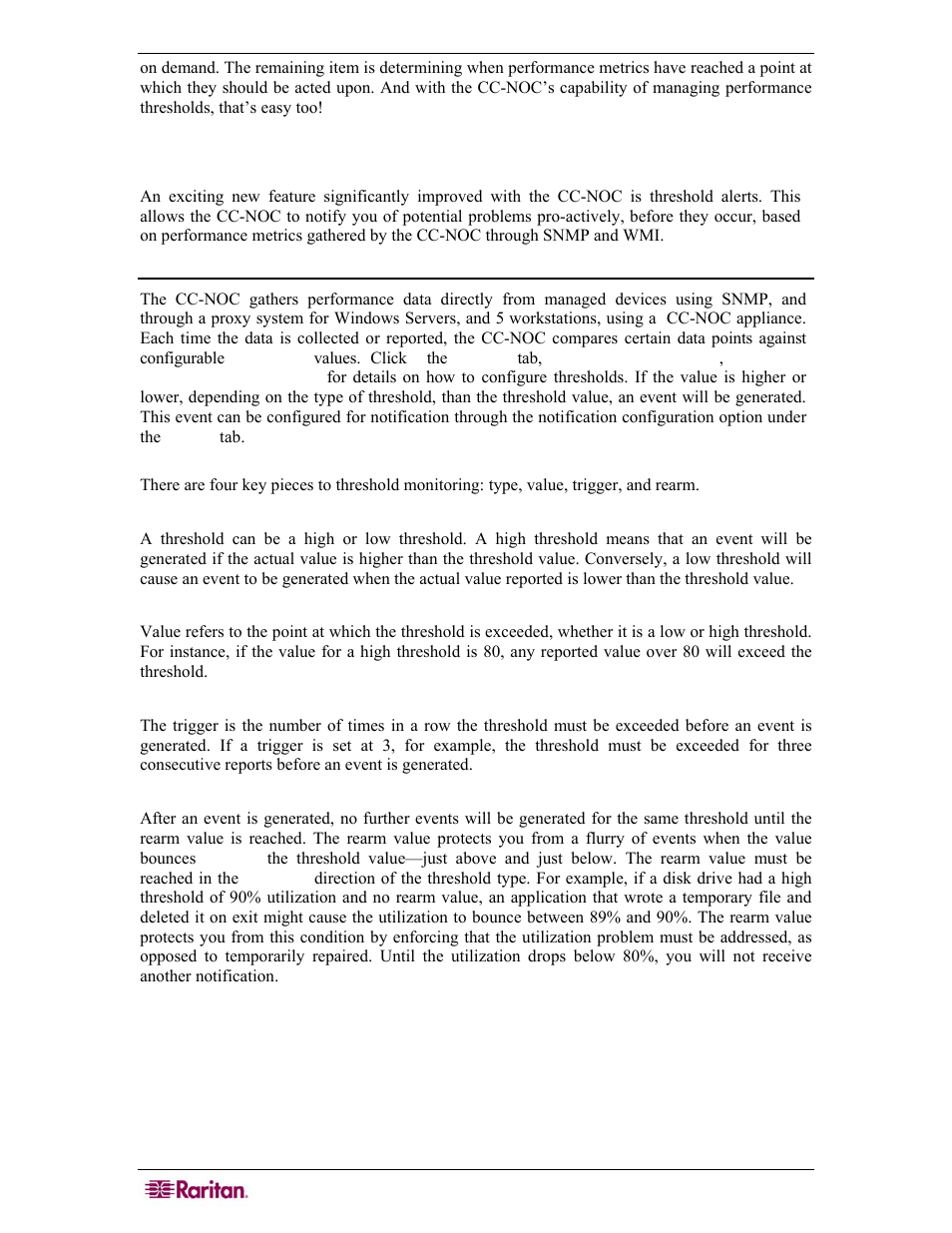 Thresholding, How it works, Type | Value, Trigger, Rearm | Raritan Computer COMMANDCENTER NOC User Manual | Page 138 / 156