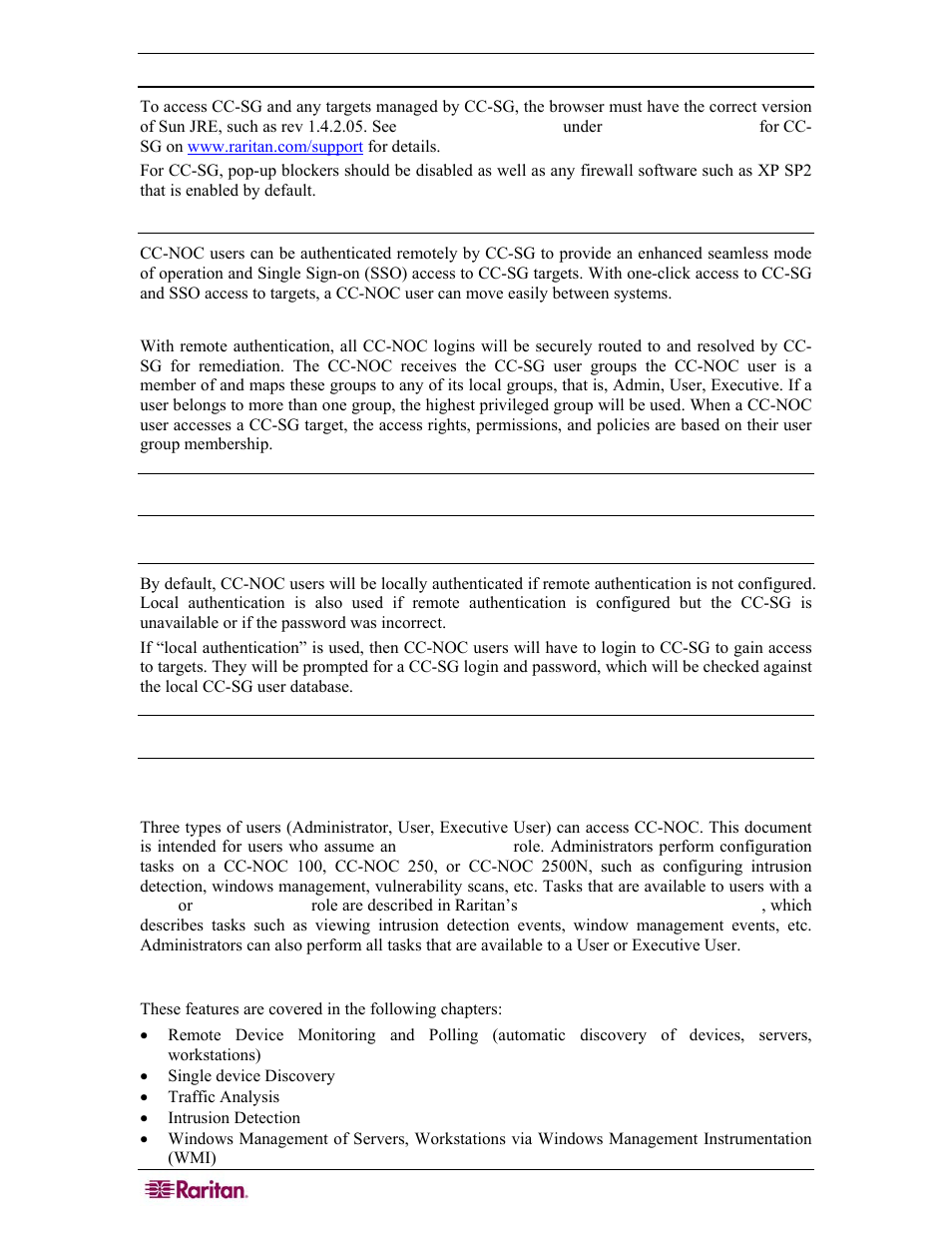 User pc preparation, Remote authentication, Mapping of user groups | Local authentication, Intended audience, Features described in this document | Raritan Computer COMMANDCENTER NOC User Manual | Page 14 / 156