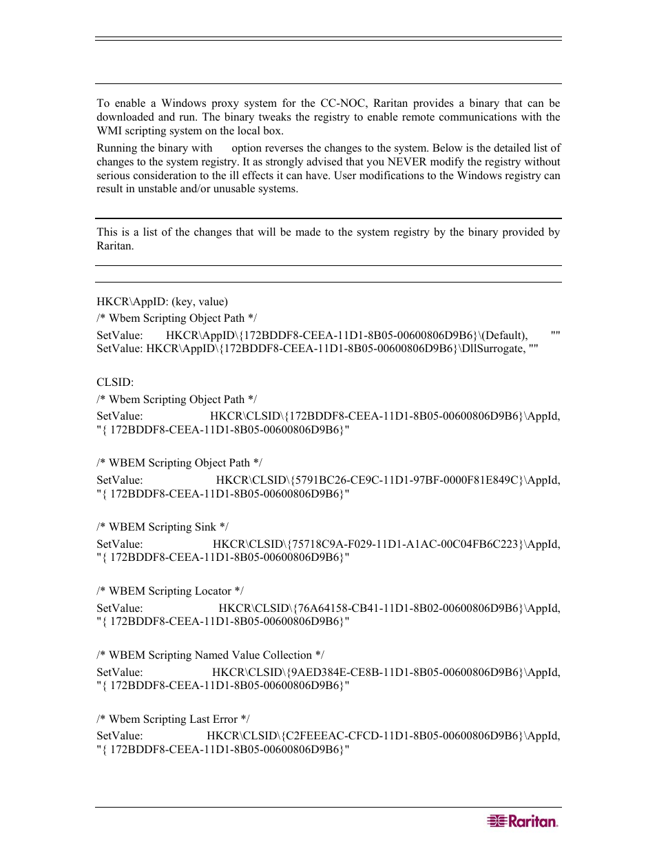 Registry changes [configuration | Raritan Computer COMMANDCENTER NOC User Manual | Page 143 / 156