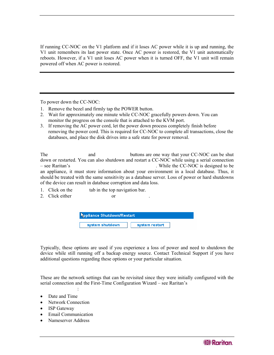 Chapter 2: general and advanced administration, Power down cc-noc, Appliance shutdown/restart | Appliance network settings, Figure 1 appliance shutdown/restart | Raritan Computer COMMANDCENTER NOC User Manual | Page 21 / 156