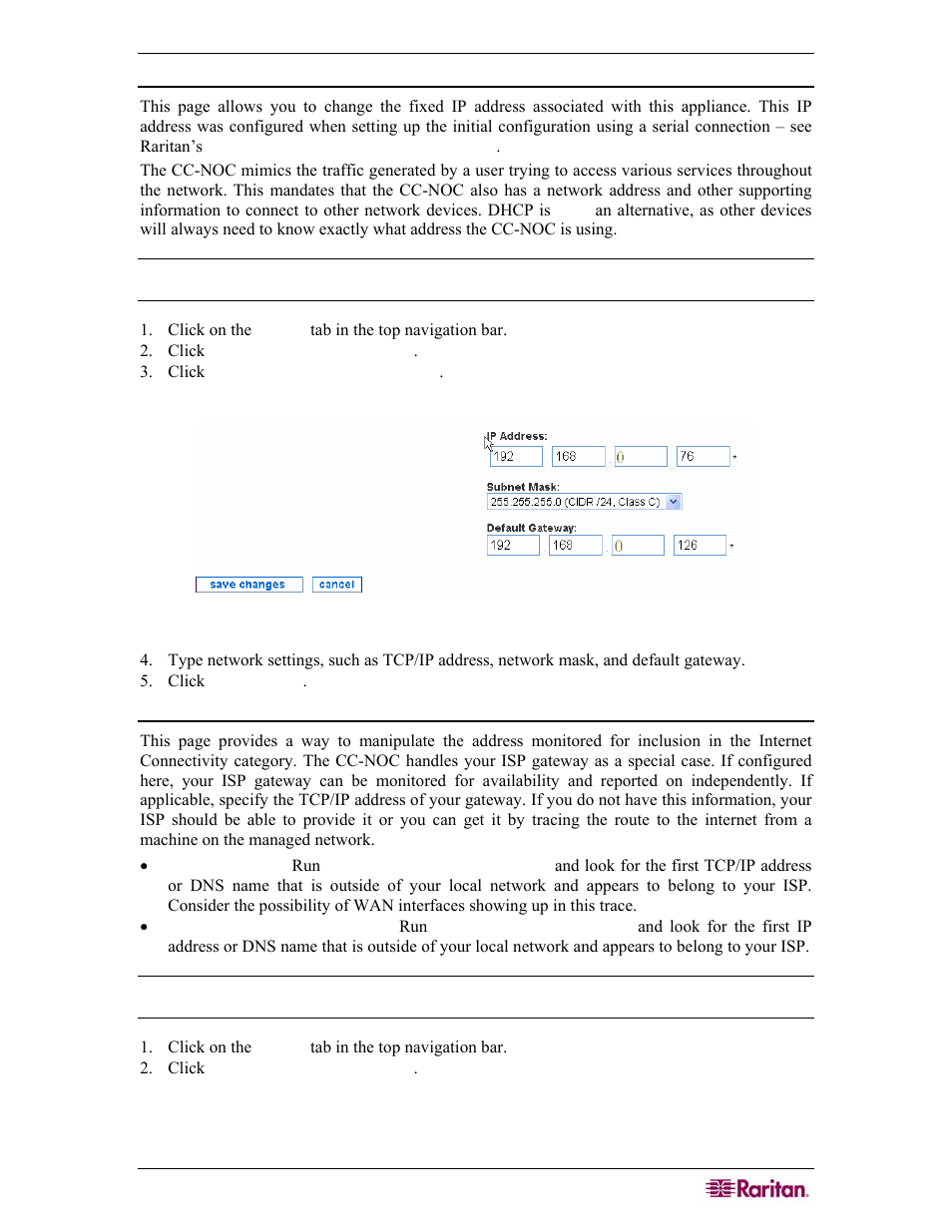 Configure network connection, Change the isp gateway address, Figure 3 configure network connection | Raritan Computer COMMANDCENTER NOC User Manual | Page 23 / 156