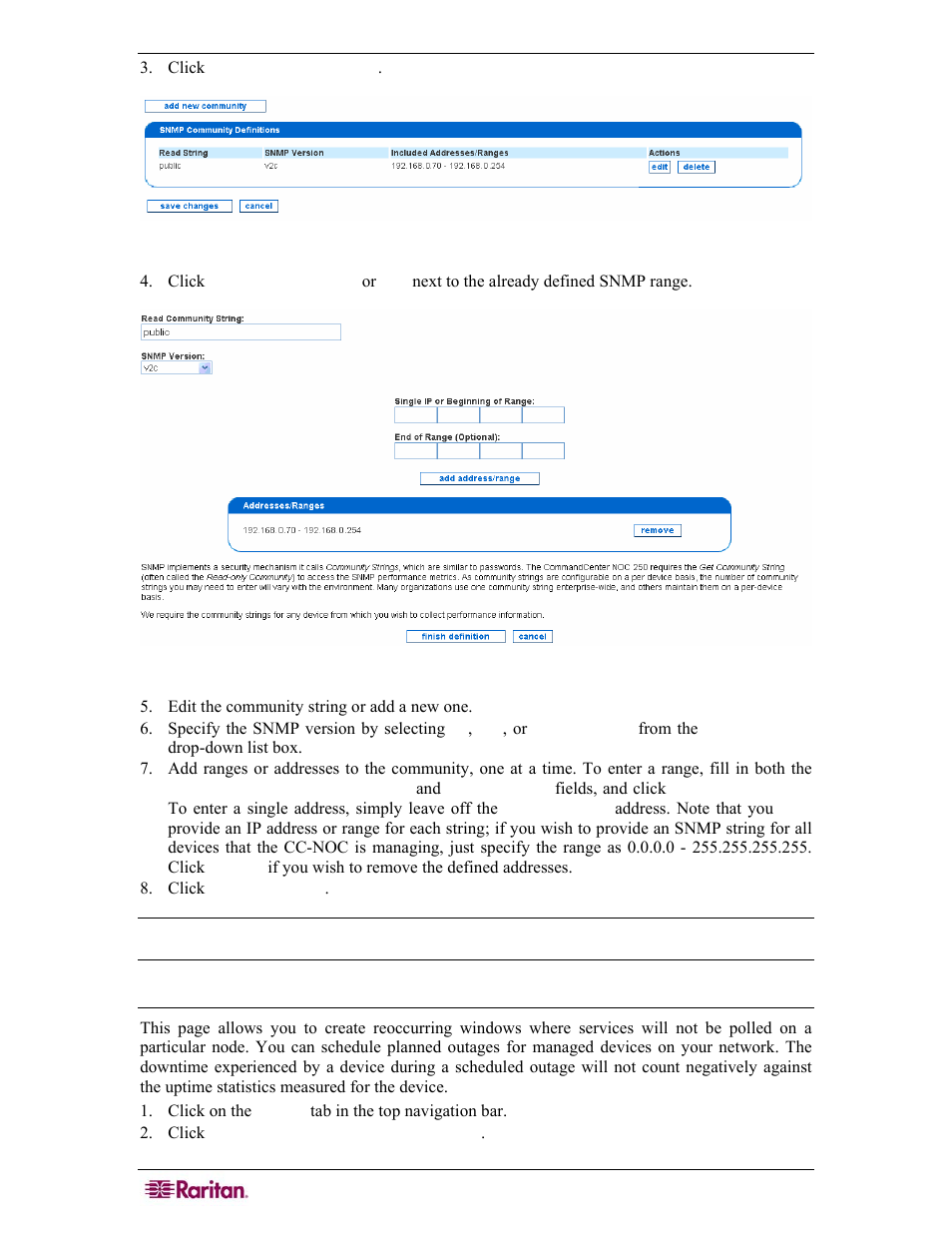 Configure scheduled outages, Figure 8 edit snmp ranges, Figure 9 defining snmp ranges | Raritan Computer COMMANDCENTER NOC User Manual | Page 28 / 156