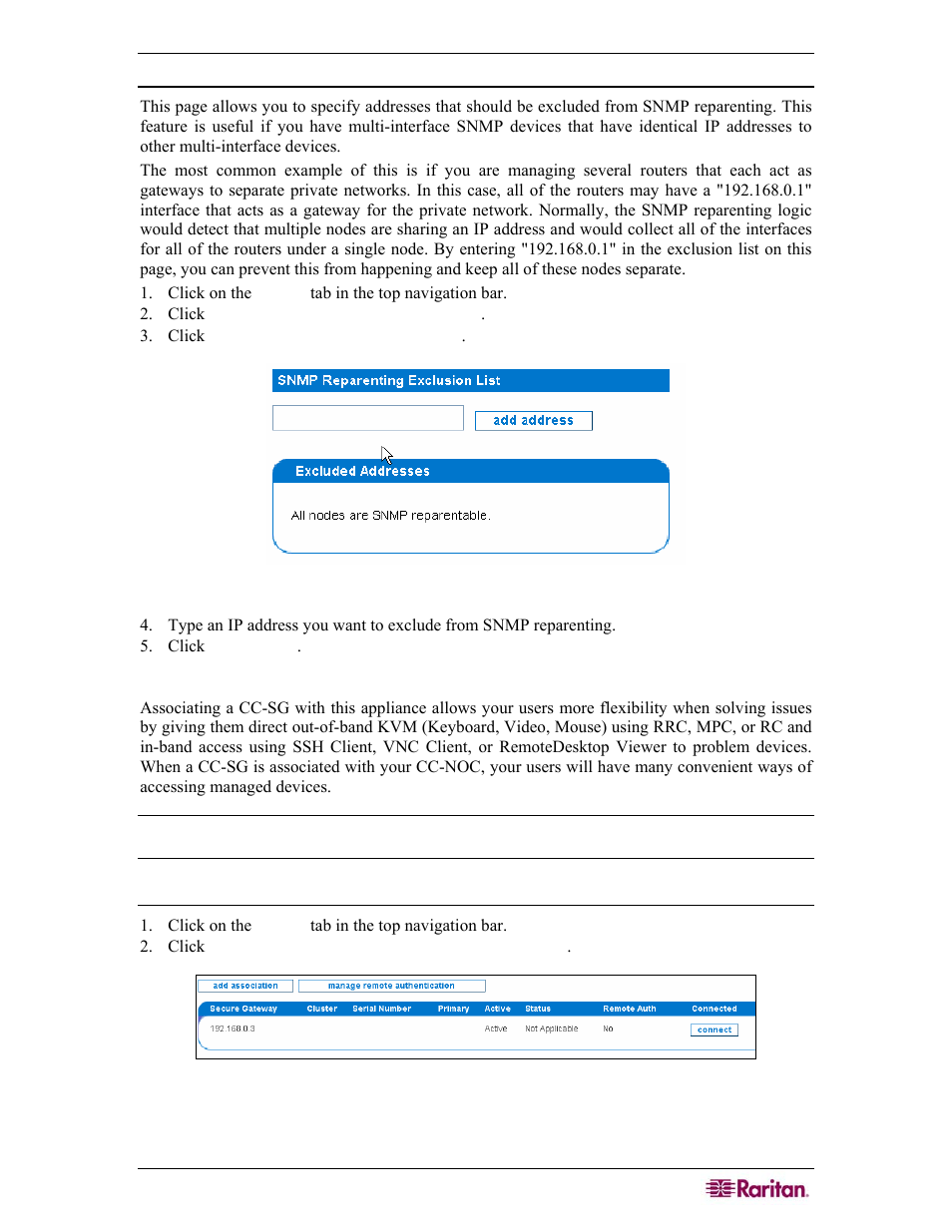 Snmp reparenting exclusion list, Associate commandcenter secure gateway (cc-sg), Configure a cc-sg | Figure 18 snmp reparenting exclusion list, Figure 19 associate a commandcenter secure gateway | Raritan Computer COMMANDCENTER NOC User Manual | Page 35 / 156