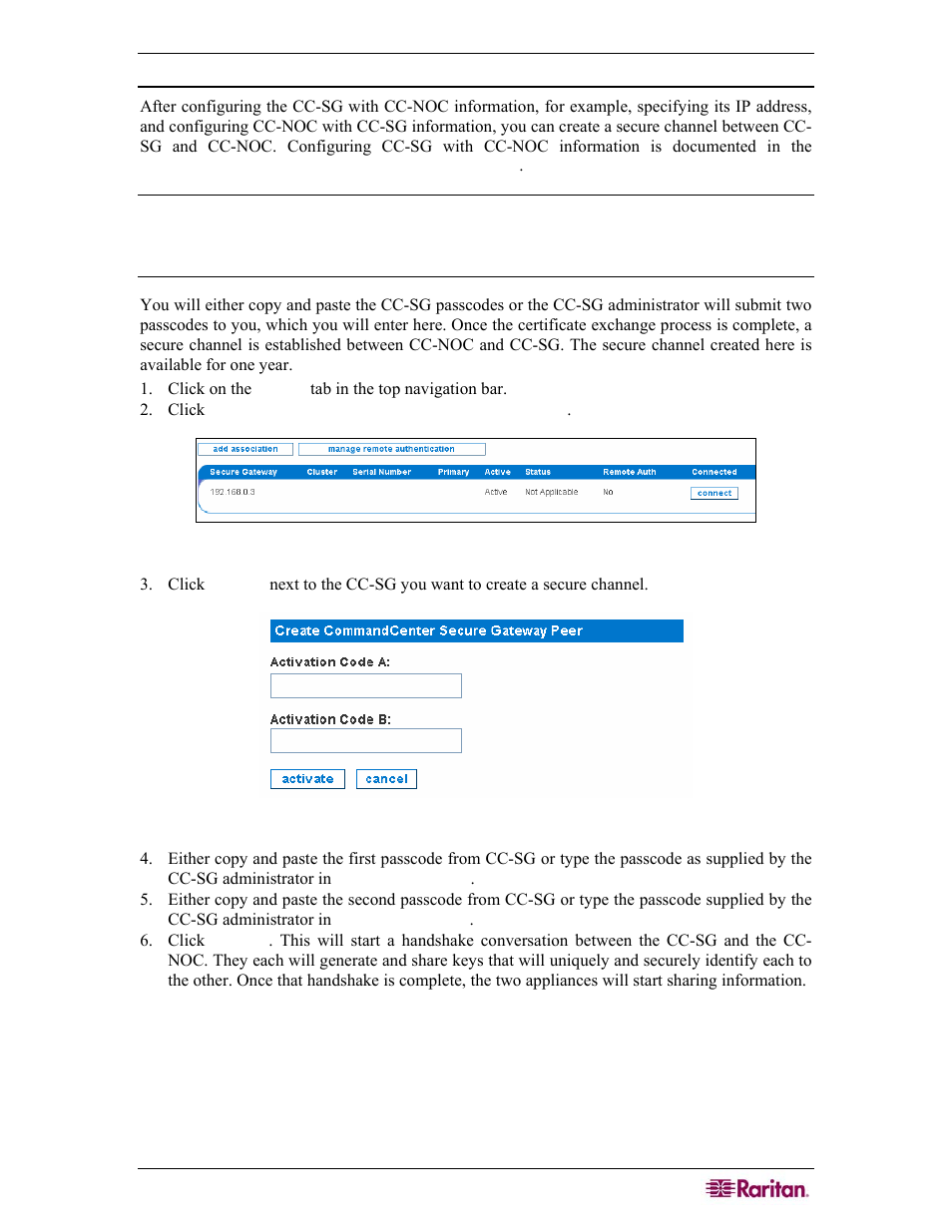 Create a cc-sg peer via a secure channel, Figure 23 associate a commandcenter secure gateway, Figure 24 create a cc-sg peer | Raritan Computer COMMANDCENTER NOC User Manual | Page 37 / 156