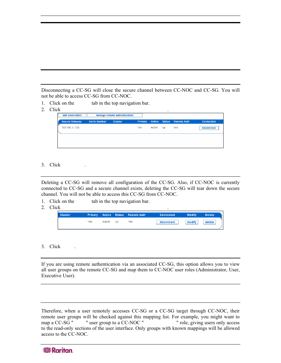 Disconnect a cc-sg, Delete a cc-sg, Map cc-sg user groups to local user roles | Figure 26 delete a commandcenter secure gateway | Raritan Computer COMMANDCENTER NOC User Manual | Page 38 / 156
