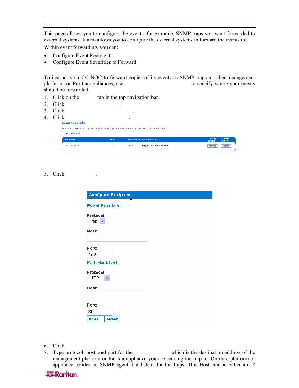 Configure event forwarding, Configure event recipients, Figure 28 configure event recipients | Figure 29 adding event recipients | Raritan Computer COMMANDCENTER NOC User Manual | Page 40 / 156