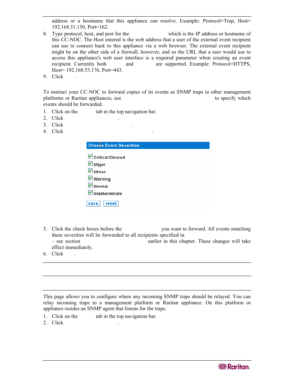 Configure event severities to forward, Configure trap relaying, Figure 30 configure event severities to forward | Raritan Computer COMMANDCENTER NOC User Manual | Page 41 / 156