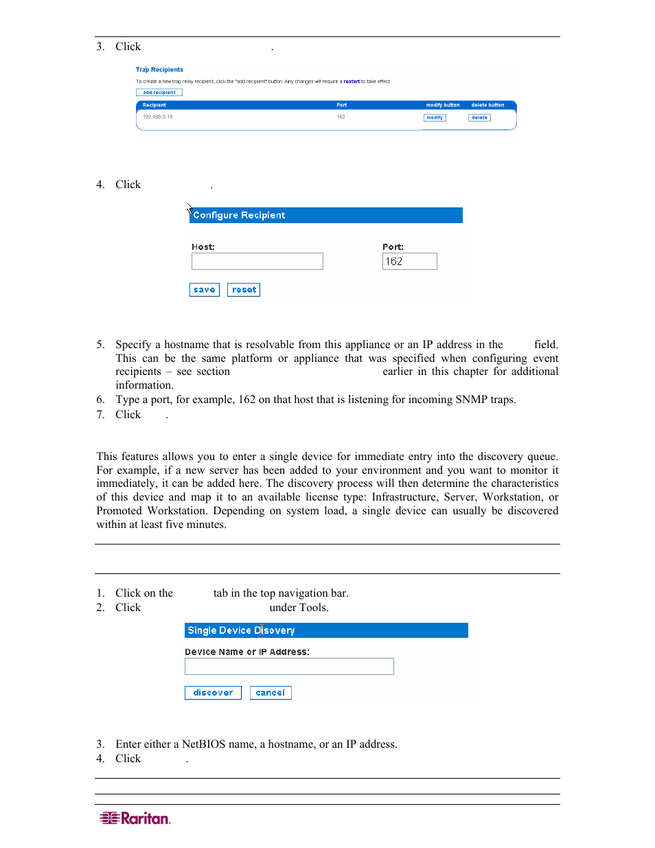 Discover a single device, Figure 31 configure trap relaying, Figure 32 specifying trap recipient | Figure 33 discover a single device | Raritan Computer COMMANDCENTER NOC User Manual | Page 42 / 156