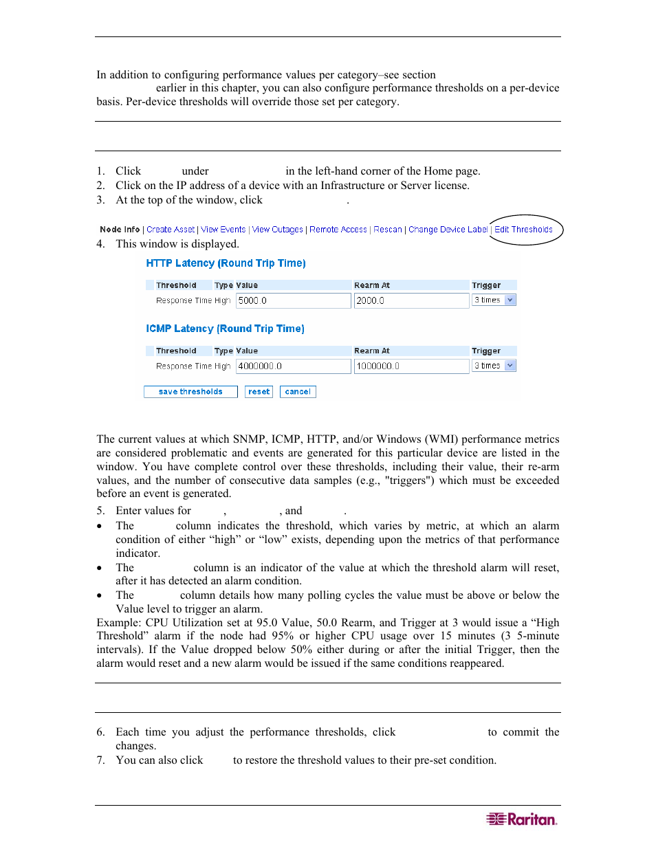 Edit performance thresholds (per device) | Raritan Computer COMMANDCENTER NOC User Manual | Page 43 / 156