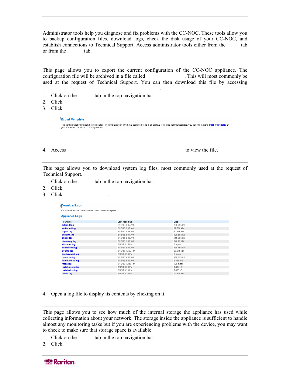 Administrator tools, Export and download configuration files, Download log files | Check disk utilization on appliance, Figure 35 export & download configuration files, Figure 36 download log files | Raritan Computer COMMANDCENTER NOC User Manual | Page 44 / 156