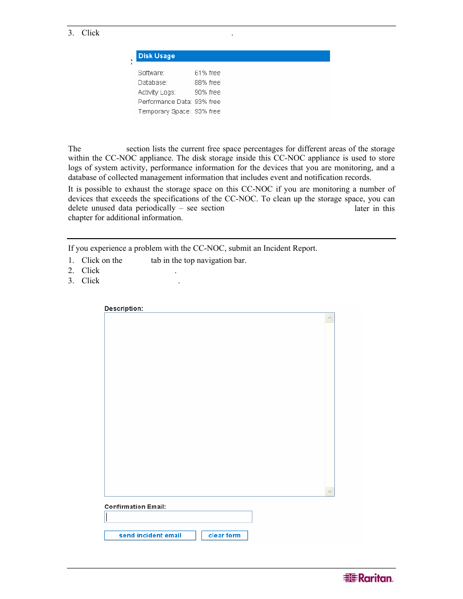Send incident report, Figure 37 check disk utilization on appliance, Figure 38 send incident report | Raritan Computer COMMANDCENTER NOC User Manual | Page 45 / 156