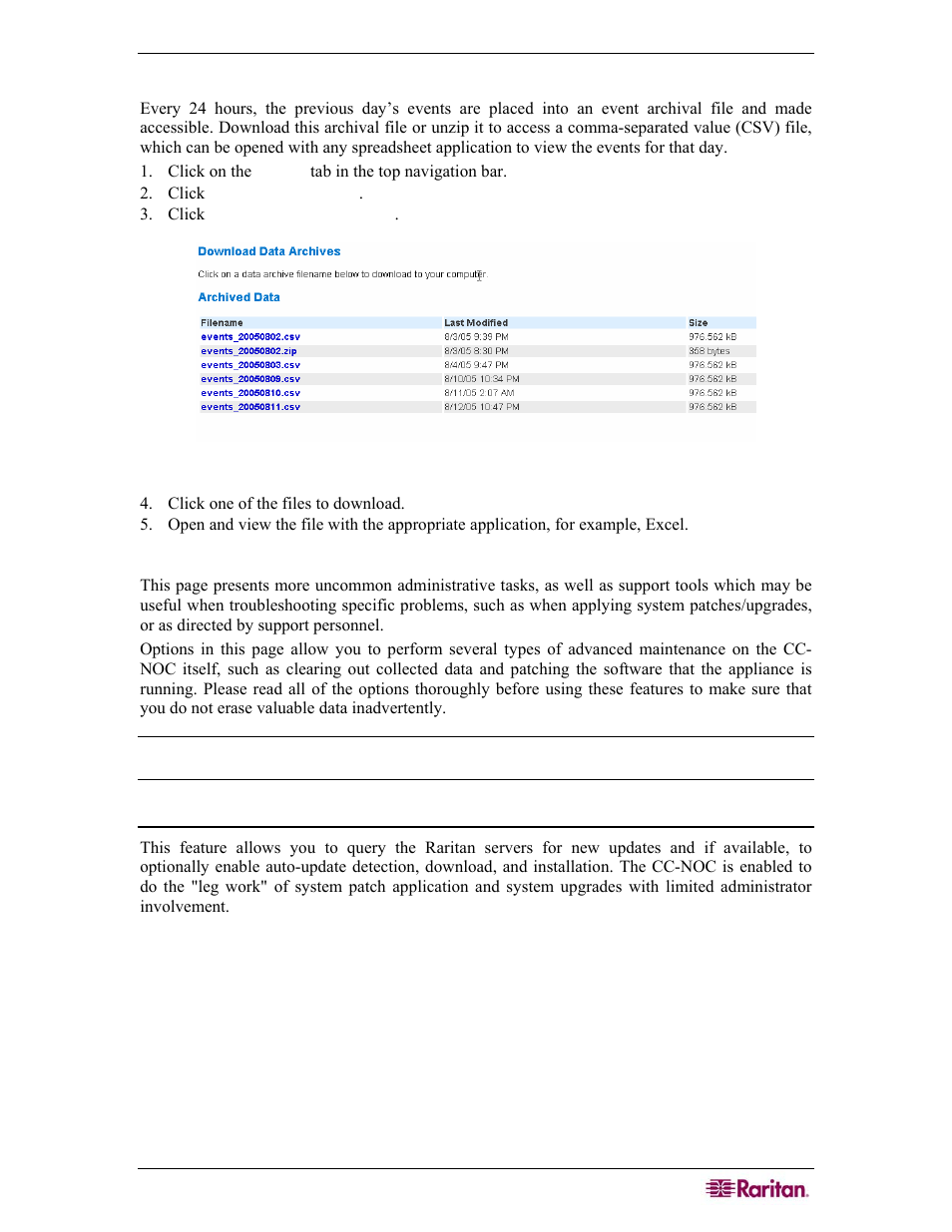 Download data archives, Advanced administration, System software & signature updates | Figure 41 download data archives | Raritan Computer COMMANDCENTER NOC User Manual | Page 47 / 156