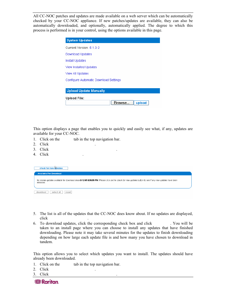 Download updates, Install updates, Figure 42 system updates | Figure 43 download updates | Raritan Computer COMMANDCENTER NOC User Manual | Page 48 / 156