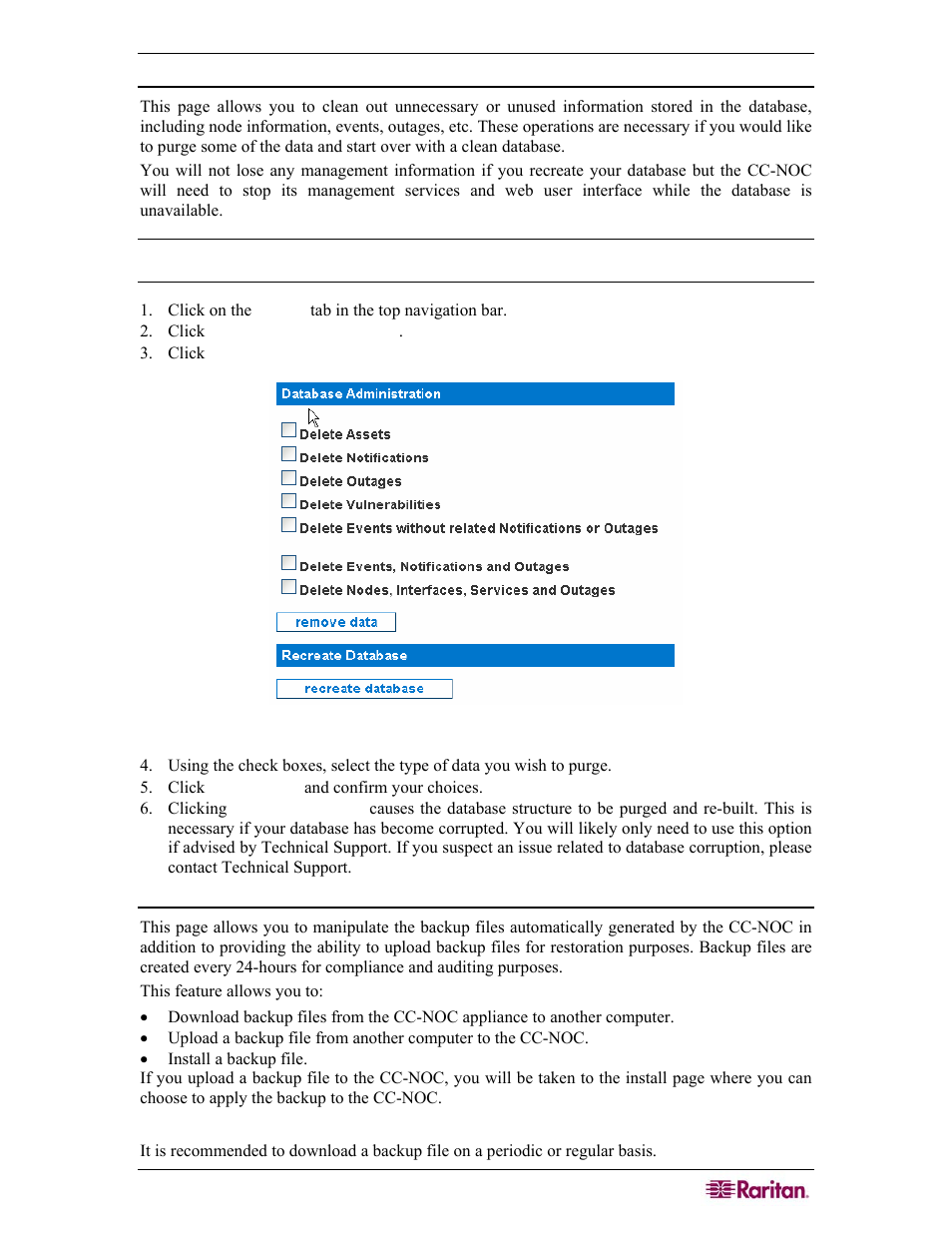 Appliance database administration, Data backup and restore, Download a backup file | Figure 48 appliance database administration | Raritan Computer COMMANDCENTER NOC User Manual | Page 51 / 156