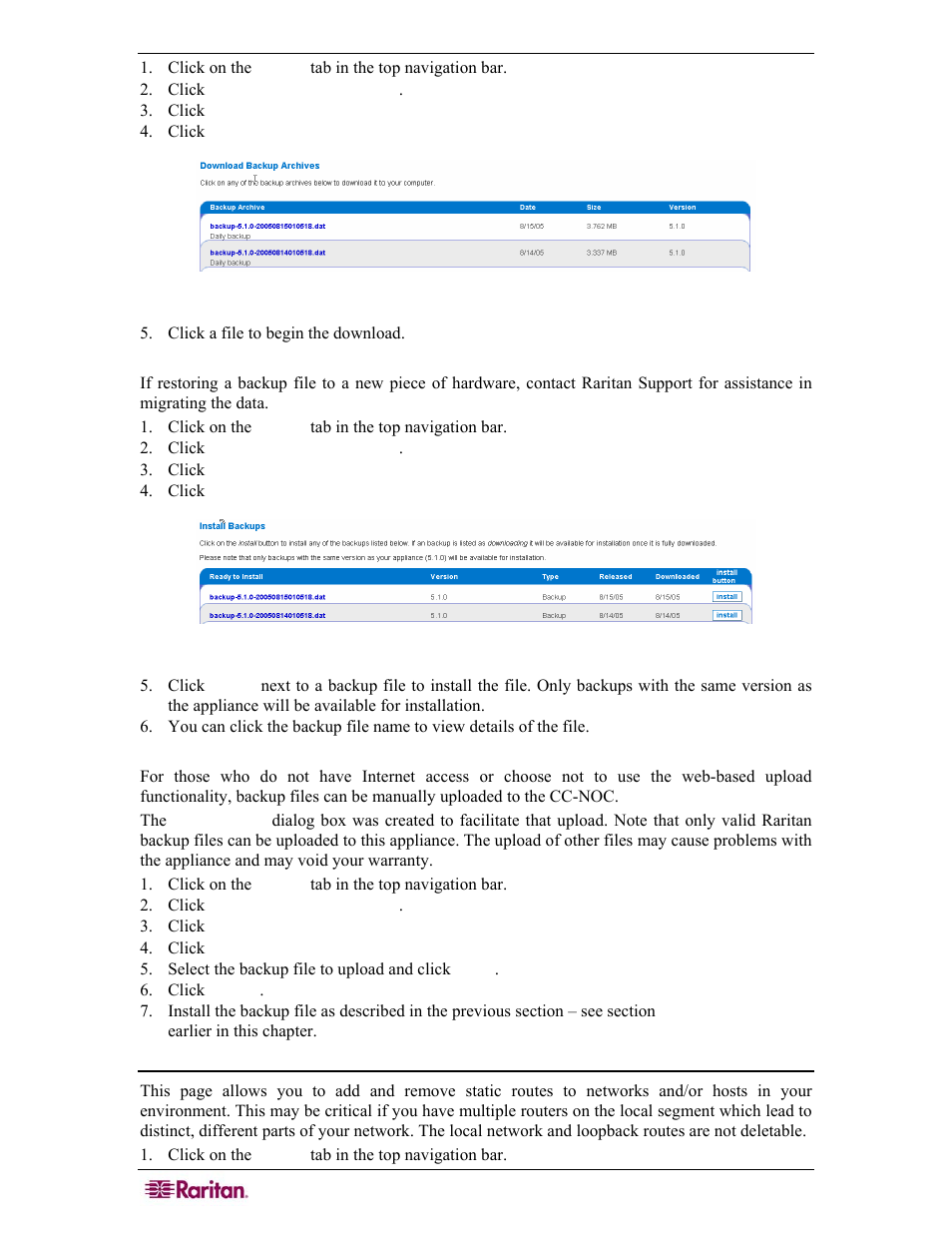 Install a backup file, Manually upload a backup file, Manage routes | Figure 49 download backup files, Figure 50 install backup files | Raritan Computer COMMANDCENTER NOC User Manual | Page 52 / 156