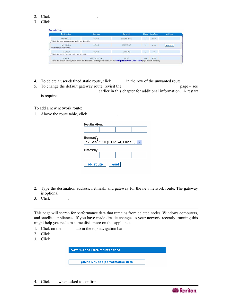Add a new network route, Prune unused performance data, Figure 51 manage routes | Figure 52 add a new network route, Figure 53 prune unused performance data | Raritan Computer COMMANDCENTER NOC User Manual | Page 53 / 156