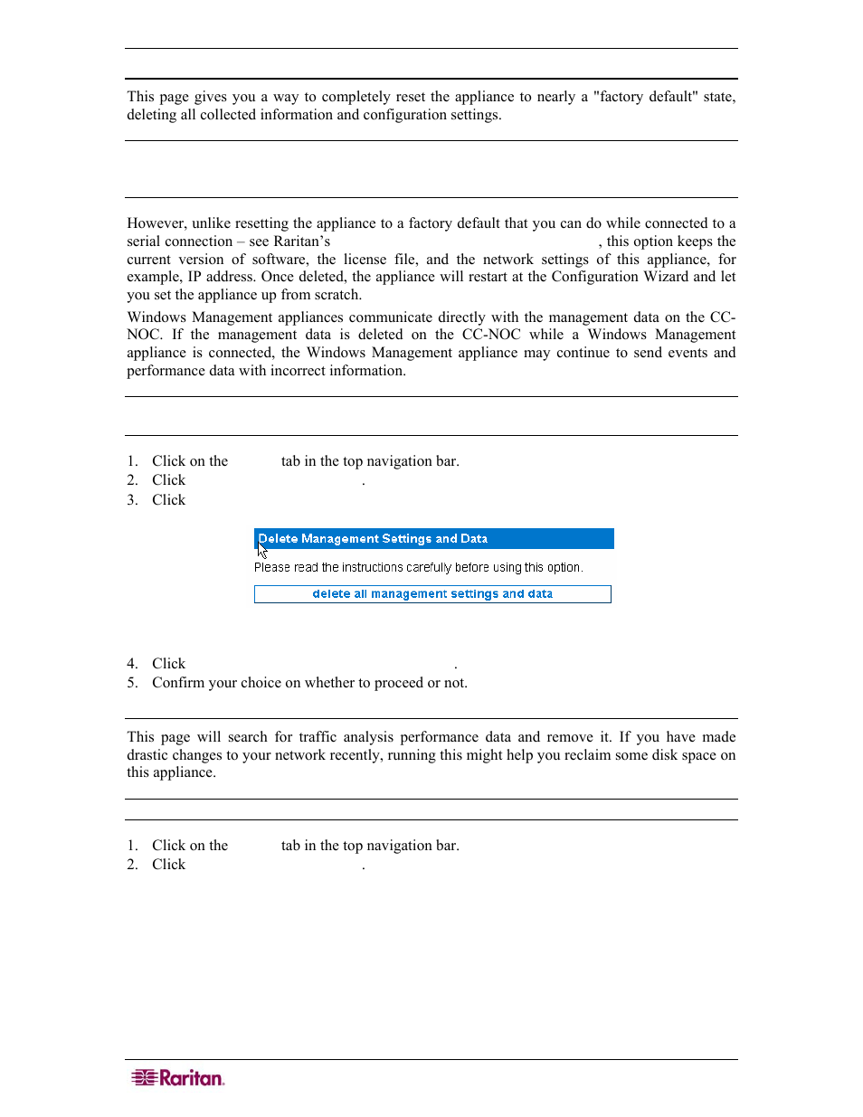 Delete management settings and data, Delete traffic analysis performance information, Figure 54 delete management settings and data | Raritan Computer COMMANDCENTER NOC User Manual | Page 54 / 156